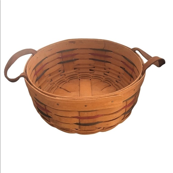 VTG Longaberger Round Weave Basket Natural Wood Leather Handles 1994 Cloth Liner - Picture 2 of 9